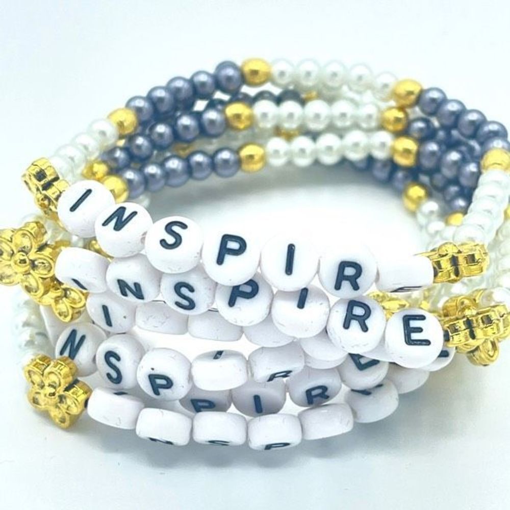 Inspire spell out beaded stretch bracelet ONE NEW Stackable pearl beads white gr